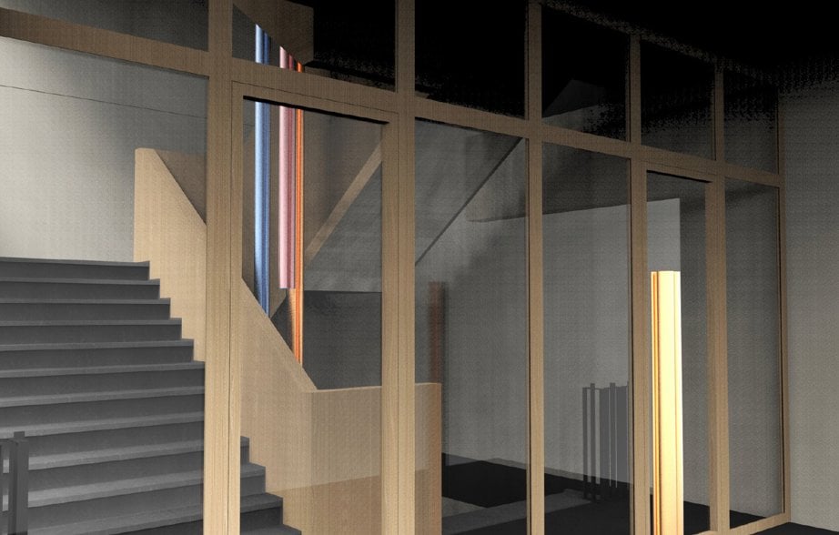 a staircase with white railings